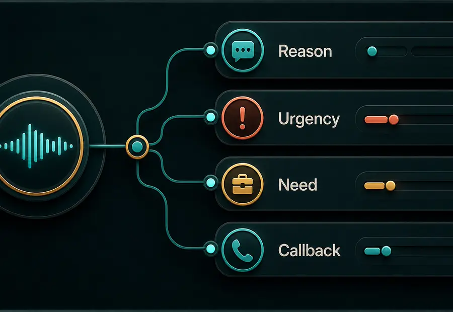Call-state panel with waveform node and reason, urgency, need, and callback status chips