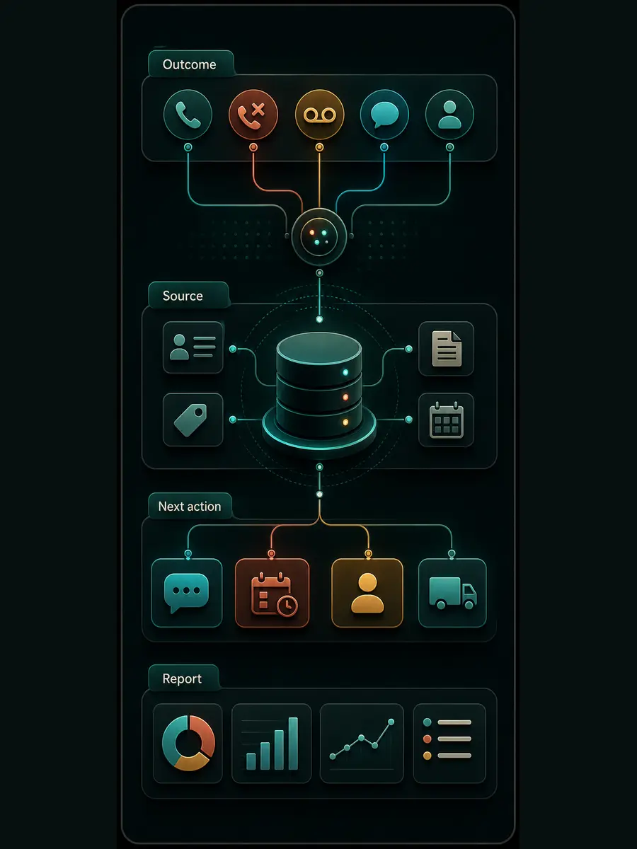Vertical source-of-truth board tying call outcome, central CRM layer, next action, and reporting