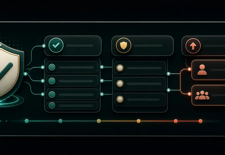 Safeguards panel with shield, boundary lines, approval chips, and escalation route